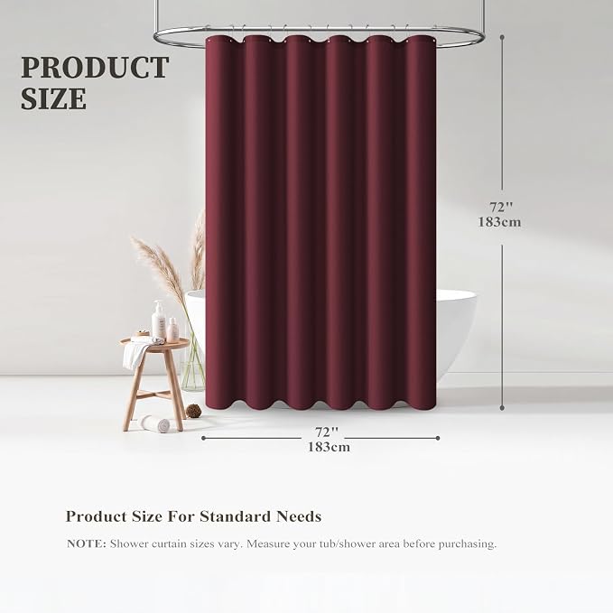 Burgundy Linen Textured Waterproof Fabric Shower Curtain Set, 72x72 | 230GSM Polyester, Heavy Duty Cloth, Weighted Hem, 12 Plastic Hooks, Modern Hotel Style, Machine Washable, Bathroom Decor