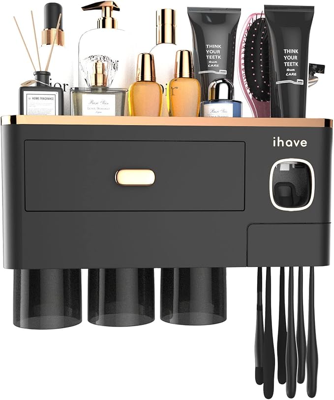 iHave Toothbrush Holders Bathrooms Wall Mount Toothpaste Dispenser & 3 Cups | Luxury White & Gold Bathroom Decor:3 Cups, 6 Slots, Toothpaste Dispenser, Large Tray & Drawer Wall Mount Toothbrush Organizer