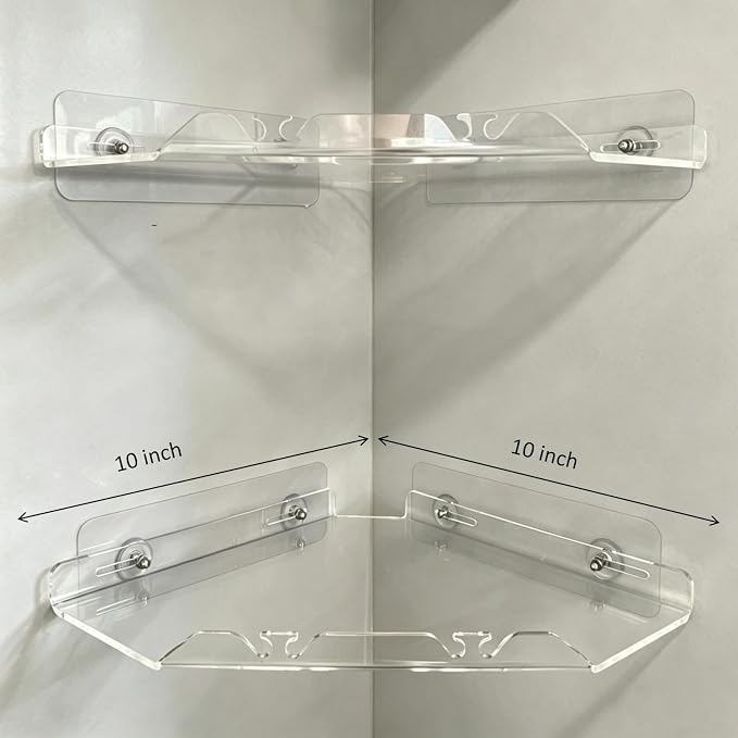 Corner Shower Caddy Shelf Rack 2 Tier Adhesive Shower Organizer Essentials - No Drilling Acrylic Bathroom Storage Rack with Hooks No Drilling Shelves (10"x10" 2 tier clear)