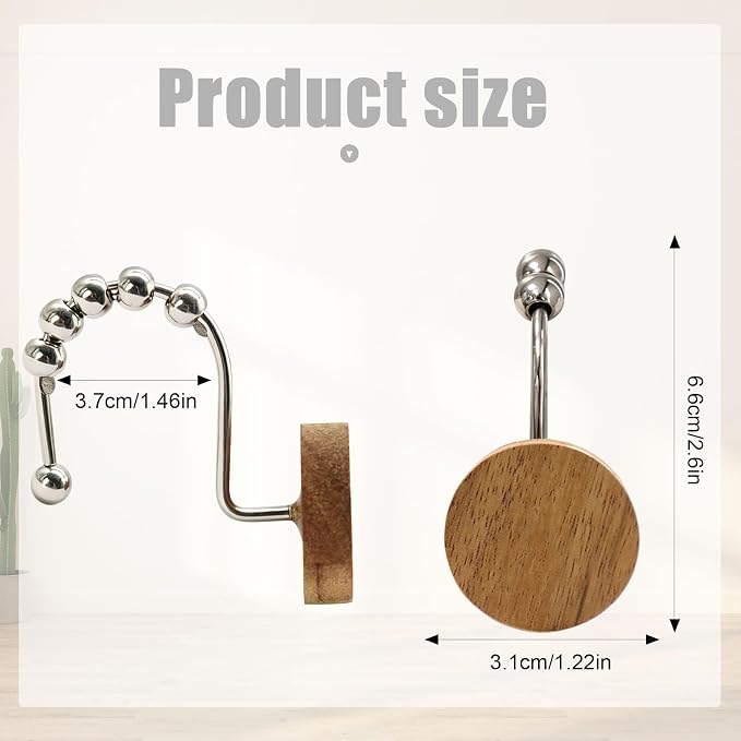 Wood Shower Curtain Hooks, Wooden Decorative Shower Curtain Rings, Modern Round Log Shower Curtain Hangers, 12PCS Shower Hooks for Shower Curtain Rod, Bathroom, Bedroom, Living Room (Silvery)
