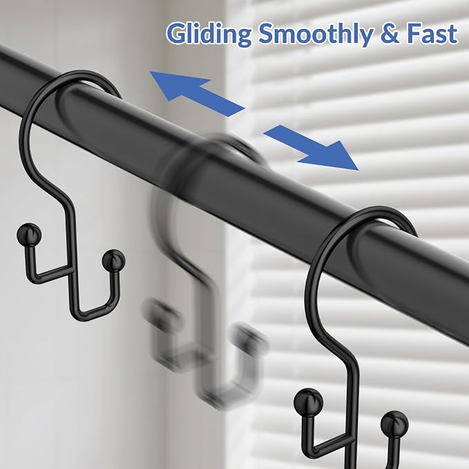 Shower Curtain Hooks, Black Shower Curtain Hooks Rust Proof, Anti-Drop Metal Shower Curtain Rings Hooks, Double Shower Hooks for Shower Curtain, Shower Rings for Curtain & Liner, Black-12 Pcs