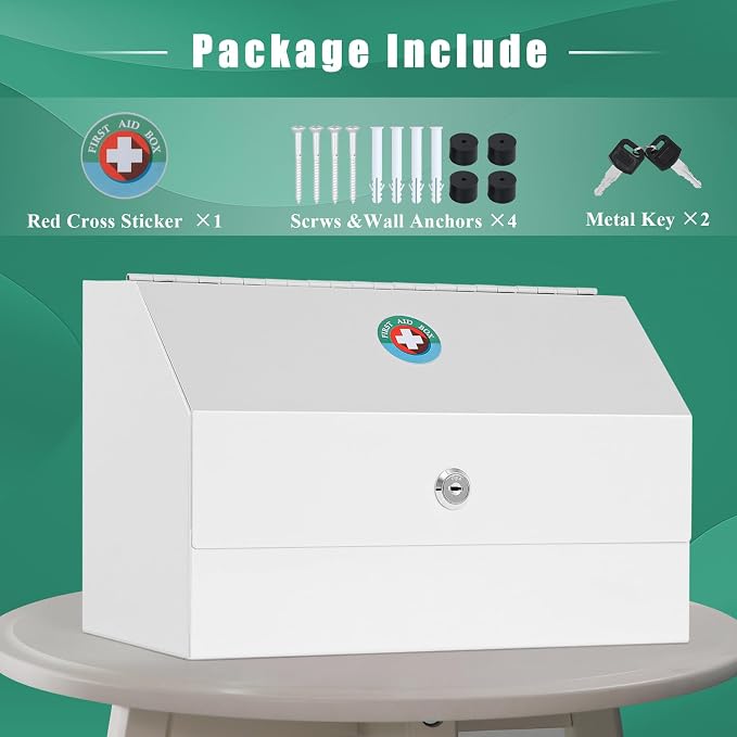 KYODOLED Medicine Lock Box with Keys, Wall Mount Steel Cabinet, White | Medium size 12.2 x 5.9 x 7.87 in, steel build, locking access, child-safe storage for home, school & emergency use
