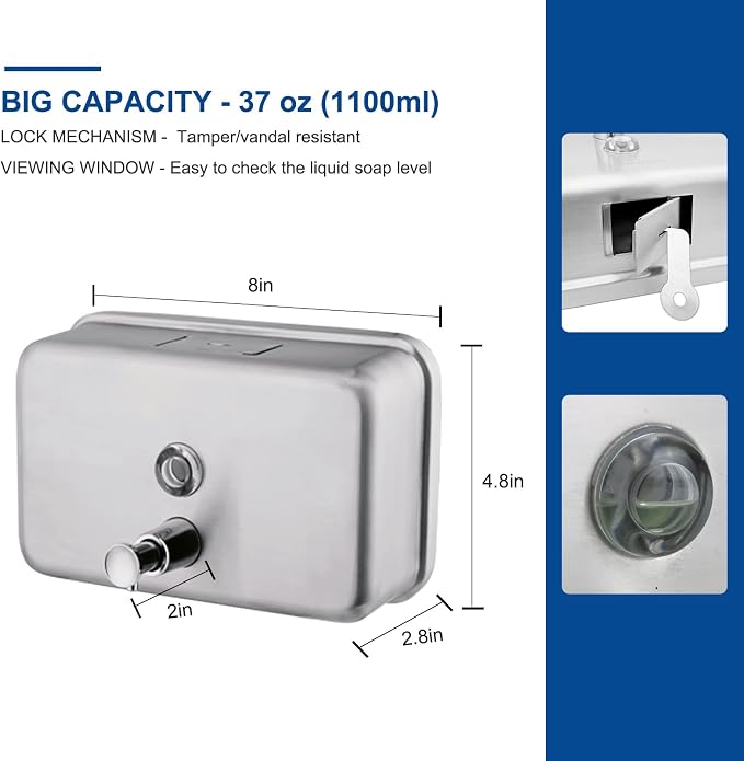 Commercial Soap Dispenser Wall Mount Stainless Steel, Horizontal | Rust-Proof Lining and Anti-Leak Pump Liquid Hand 1100ml / 37oz.