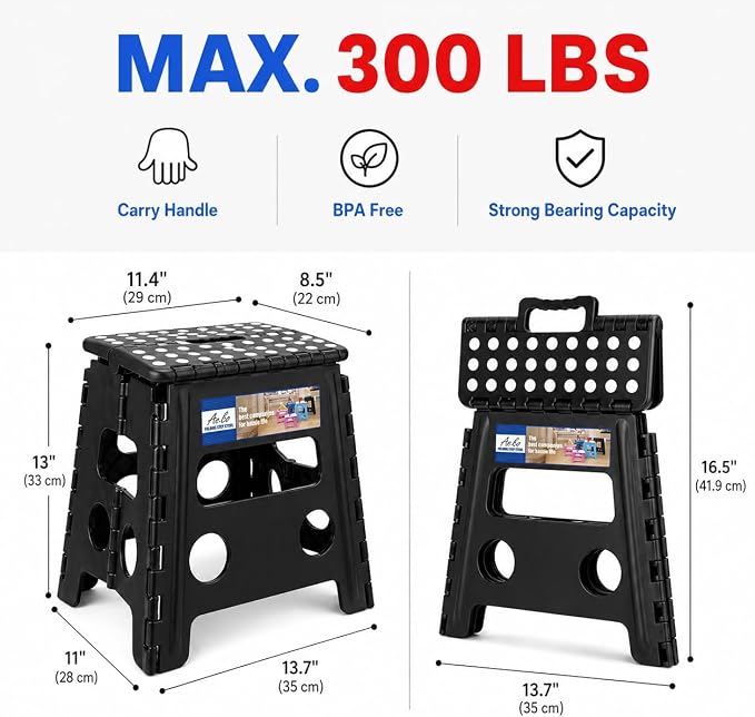 ACKO 13 Inch Folding Step Stools, 2 Pack, 300 lbs, Black | Collapsible Step Stools for Adults with Handles, Non-Slip and Space-Saving, for Kitchen, Bathroom, Bedroom and Closet