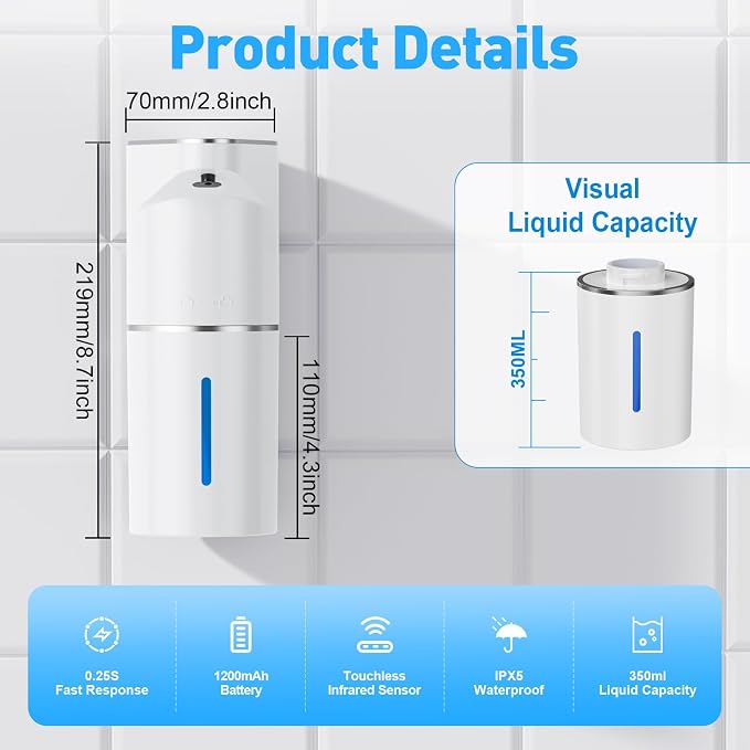 Fantictas Automatic Foam Soap Dispenser, 3 Levels for Kitchen and Bath | For Foaming Soap, 0.25s Foam Output, Type-C Charging, 90-day use, Wall Mountable, IPX5 Waterproof, 350ML, White Foam