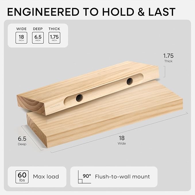 18 inch Natural Floating Shelf, High End Solid Real Wood 18inch Small Floating Shelves for Wall Mounted, Natural Wooden Floating Shelves, Heavy Duty Bracket, 18 X 6.5 X 1.75 in, Set of 4
