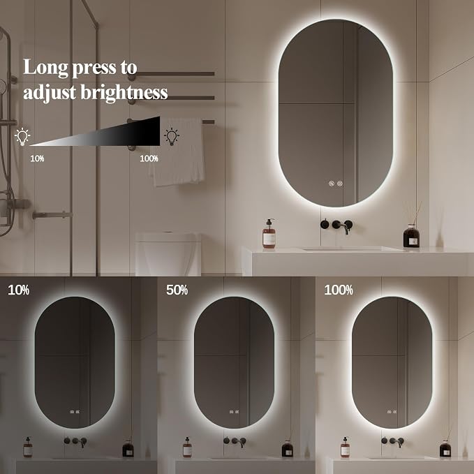 Niccy Oval LED Bathroom Vanity Mirror, 32x20inch Frameless Backlit Mirror with Light, Smart Anti-Fog Waterproof Mirror with Memory Function Dimmable Lighted Mirror