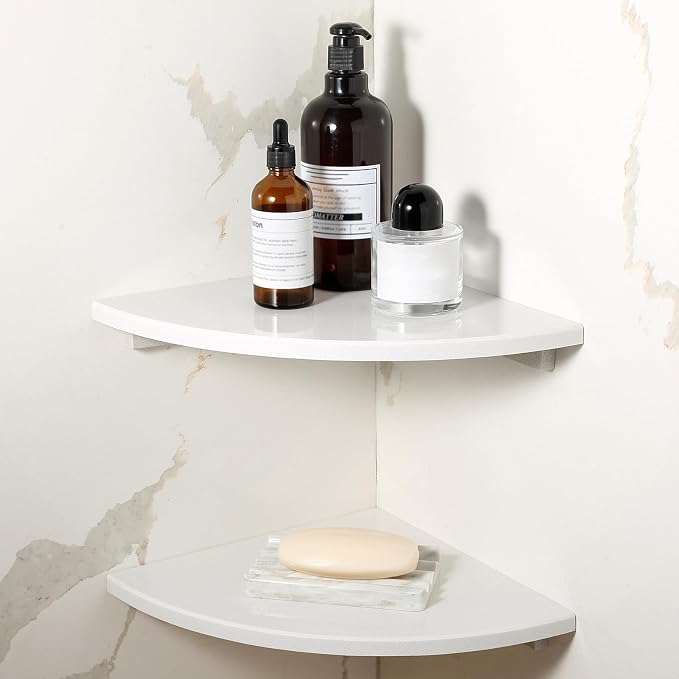 2 Pcs White Marble Corner Shower Shelf for Bathroom, 10'' Polished Marble Corner Shelves for Bath, Wall Mounted Stone Corner Shower Caddy, No Drilling Adhesive Shower Shelf