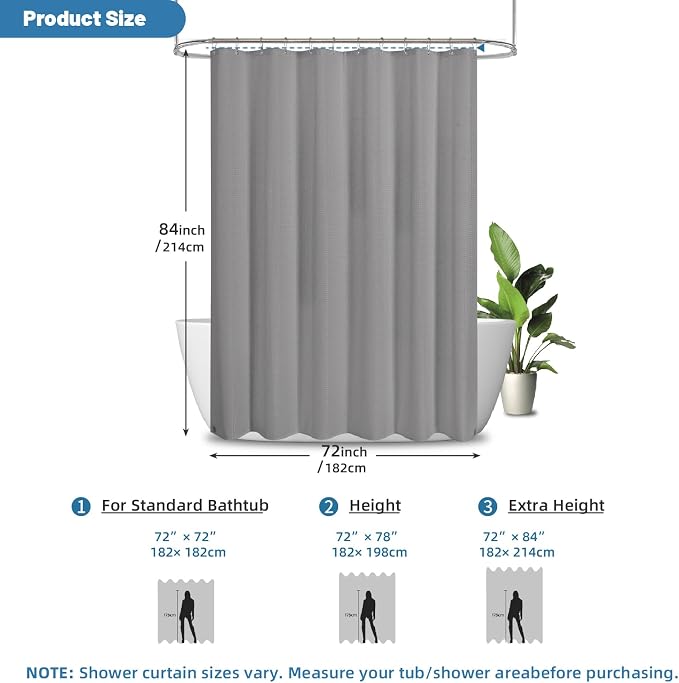 2-in-1 Waterproof Fabric Shower Curtain - No Separate Liner Needed, Hotel-Style Waffle Weave, Effortless Cleaning & Washable Bathroom Shower Curtain Set,72Wx84H,Grey