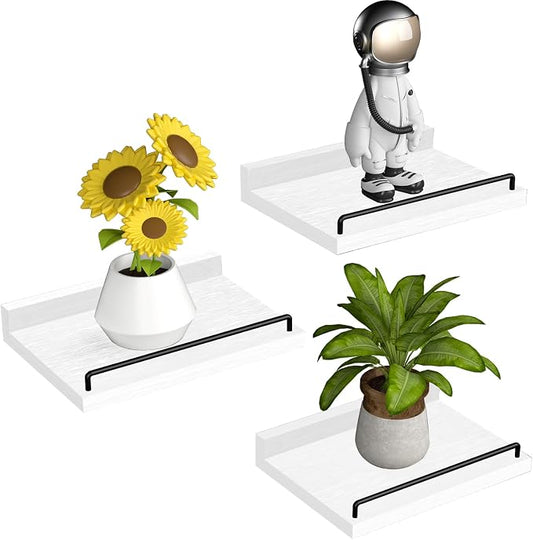 RYOFOBETTO Small Floating Shelf, 6X9 Inches Farmhouse Wall Shelves for Living Room, Bedroom, Picture Frames, Plants, Kitchen, Set of 3 (White and Black)