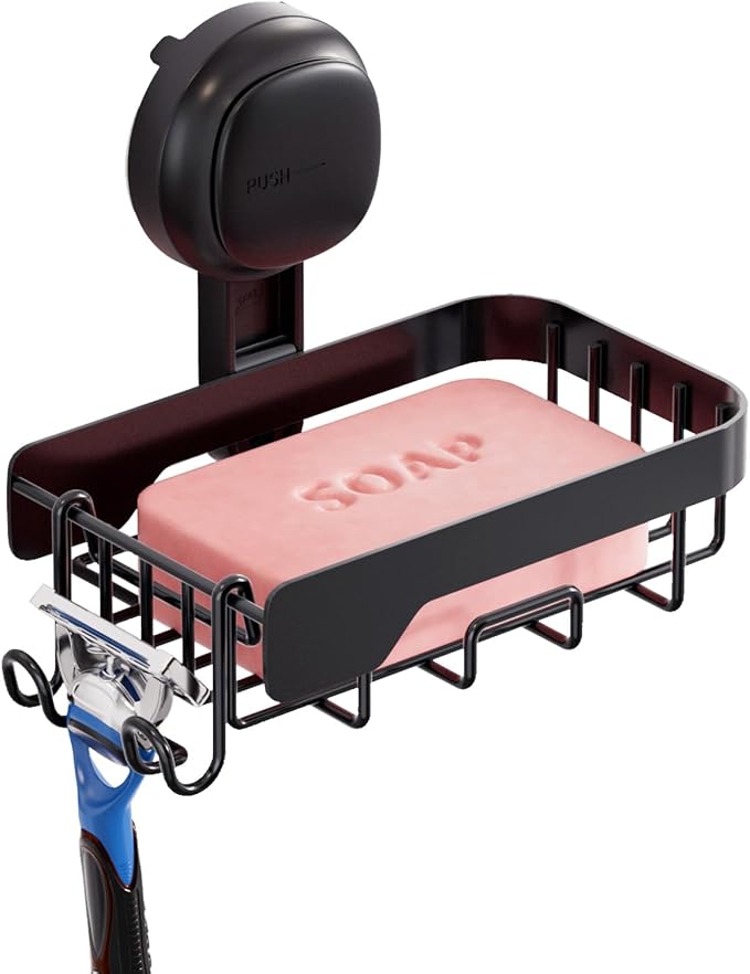 TAILI Soap Dish for Shower, Bar Soap Holder,Suction Visible Indicator,Black | Soap Holder Shower, Soap Bar Holder for Shower Wall, Removable Bathroom Sponge Holder, One-Press Plastic Soap Dish