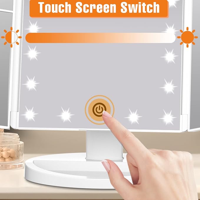 Trifold Vanity Mirror with Lights, Make up Mirror with Lighting | Lighted Makeup Mirror 2X/3X Magnification, 21 LED Touch Dimming, Dual Power 180° Rotation Lit Beauty Table Mirror