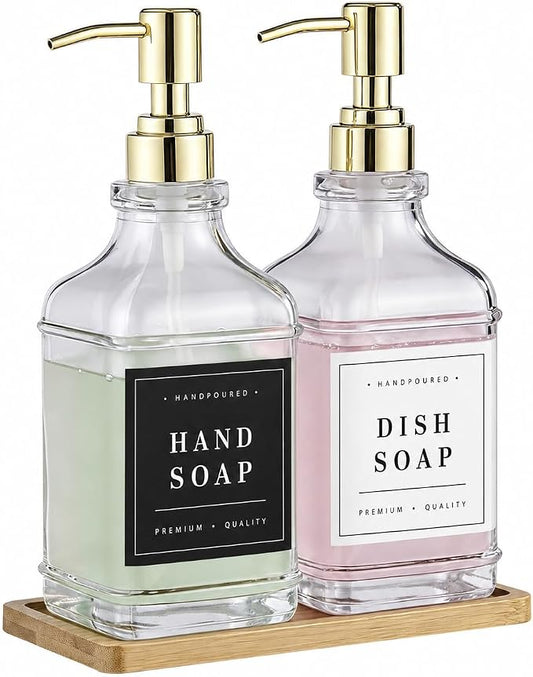 Kitchen Glass Soap Dispenser Set with Tray 2 with Gold Rust Proof Pump | 16.9oz Refillable Soap Dispenser for Hand, Dish with Waterproof Labels Residue Free, Luxury Decor for Bathroom Vanity, Clear