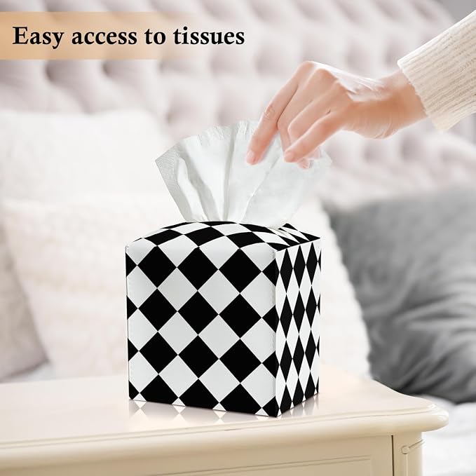 Black and White Checkered Tissue Box Covers Square, Leather Tissue Box Holders Decorative for Car Nightstand Home Office Bathroom Organizer, Square Facial Paper Organizer Home Decor -015