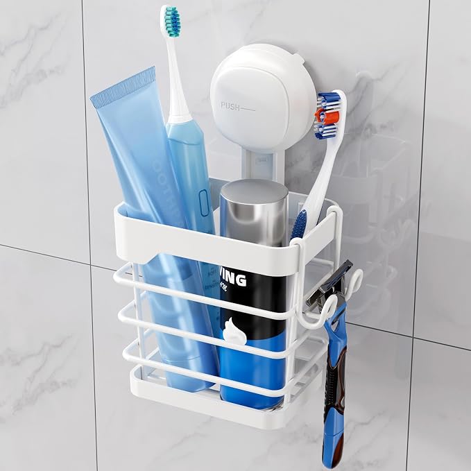 TAILI Suction Cup Toothbrush Holders with Visible Safety Indicator, White | Wall Mounted, Visible Safety Indicator, Inverted Trapezoid Design Bathroom Organizer Removable for Tooth brush and Toothpaste