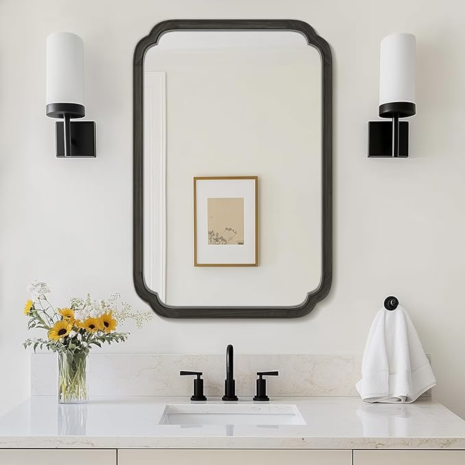 24" x 36" Rounded Corner Arch Wall Mirror with Wood Frame for Entryway, Living Room or Bedroom Home Decor - Light Woodgrain [24" x 36" Black]