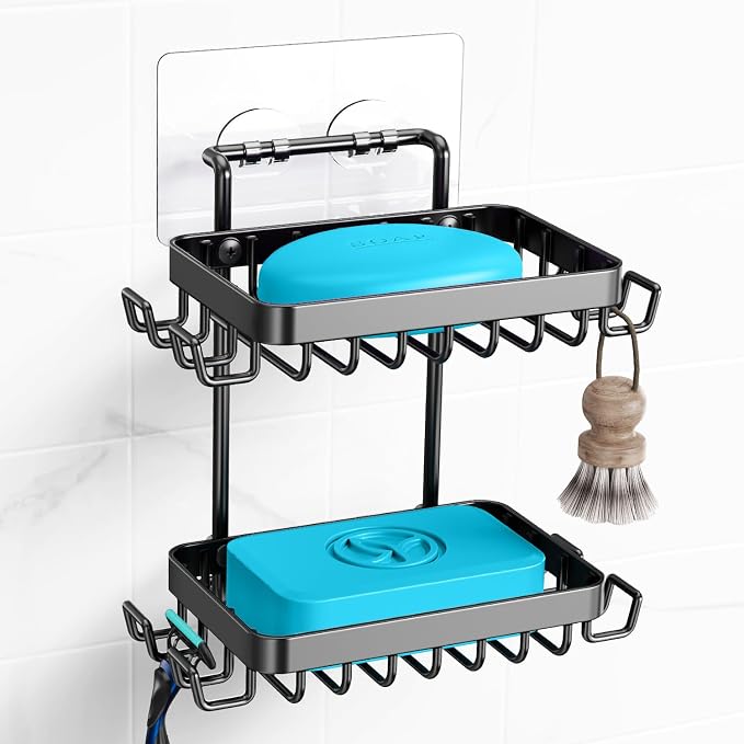 Nieifi Bar Soap Holder, Adhesive Soap Dish for Bathroom Shower Wall | Stainless steel, 2 tier, razor holders, 8 hooks, bathtub, kitchen sink, wall mounted, no drilling, counter, black