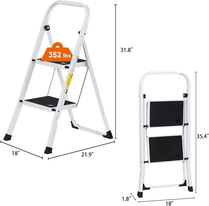 ZENY 2 Step Ladder Folding Step Stool with Wide Anti-Slip Pedal, Convenient Handgrip, Portable Steel Step Stool, Sturdy Steel Ladder for Household and Office