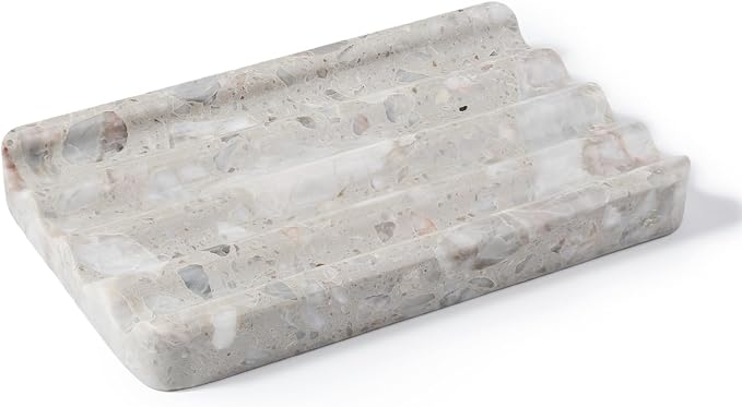 Karibiber Soap Holder for Bathroom, Grey Marble Soap Dish for Kitchen Countertop, Soap Tray with Creative Wavy Design, Soap Saver for Bath Tub, Sponges, Italian Natural Stone