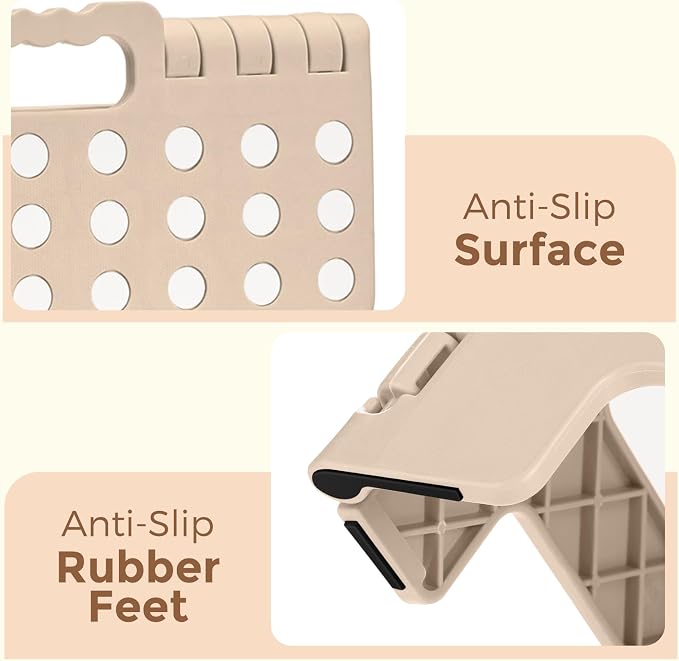 ACKO 13 Inch Folding Step Stool, Non-Slip Surface for Adults & Kids, Khaki | Collapsible Heavy Duty Foldable Stools, Portable Foot Stepping Stool Holds 300 lbs, Kitchen Bathroom Outdoor, with Handle