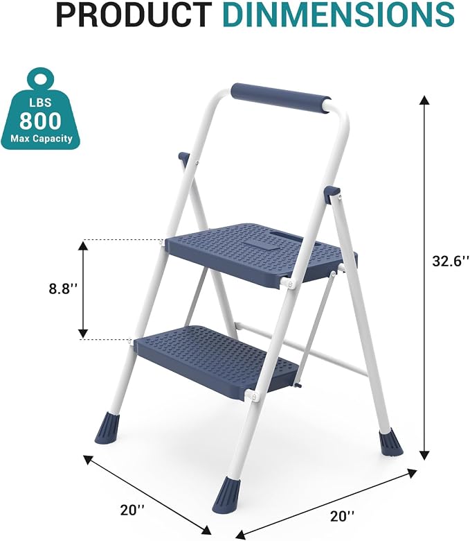 OLIXIS 2 Step Ladder, 800lbs Foldable Step Stool with Anti-Slip Pedal | Heavy Duty Portable Stepping Stool with Sturdy Steel Ladder & Comfortable Handrail, for Kitchen, Garage, Outdoor Use - Blue