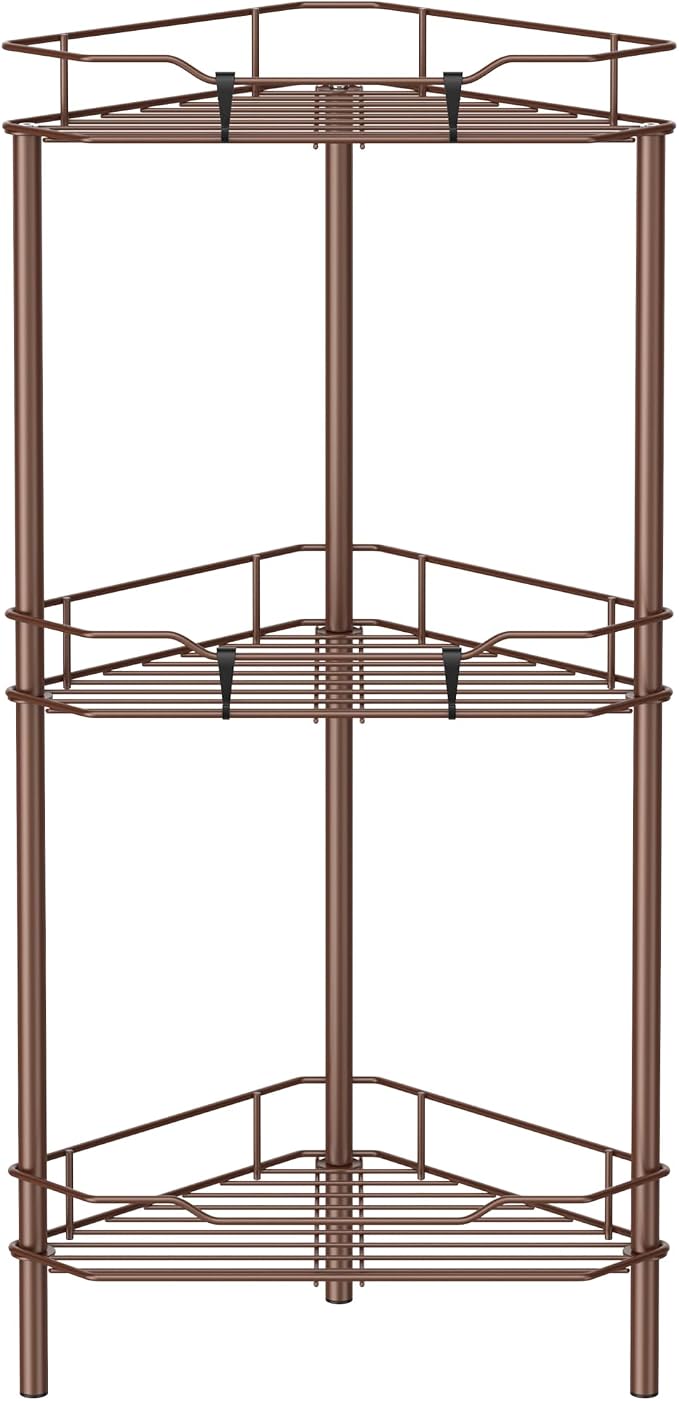 Metal Floor Standing Corner Shower Caddy, Coffee, 3 Tier | Adhesive Bathroom Organizer Shelves, Free Standing Shower Rack with Hooks, Hold Large Shampoo Bottles