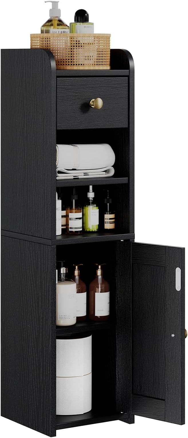 Lomojo Small Bathroom Storage Cabinet with Drawer,7.75L*7.75D*29.6H(Black) | Narrow Toilet Paper Holder, Corner Floor Cabinet with Doors and Drawer for Bathroom Small Space, Adjustable Shelf Organizer