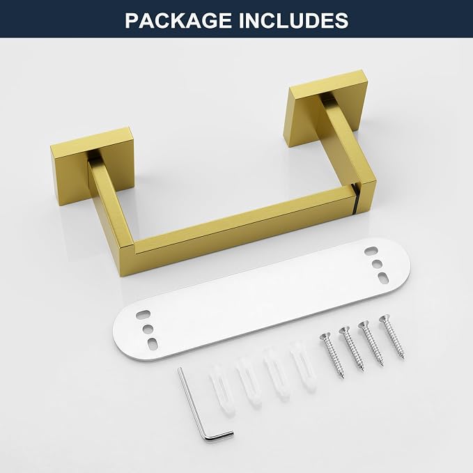 Toilet Paper Holder Wall Mount Brushed Gold Stainless Steel | Toilet Tissue Roll Holder Bathroom Square Toilet Paper Towel Roll Holder Double Post Pivoting Tissue Handle