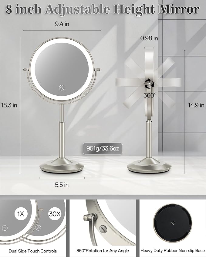 8" Lighted Makeup Mirror with Light,30X Magnifying Height Adjustable Mirror | 3000mAh Rechargeable Battery Vanity Mirrors with 3 LED Lighting Dimmable for Desk Dresser Office Women Gift