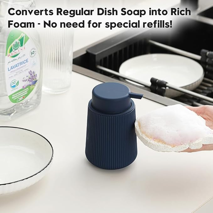 YAUKPH Striped Foaming Hand Soap Dispenser Navy Blue | with Leak-Proof Pump for Bathroom and Kitchen Countertop 11oz
