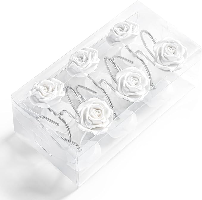 Cute Rose Floral Shower Curtain Hooks Rings for Bathroom,White 12PCS | Metal Rustproof Curtain Hooks Shower Rings,Girls Decorative Flower Bathroom Decor,for Bathroom Shower Rods