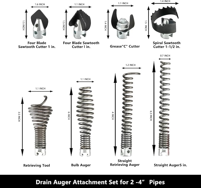 9-Piece Drain Snake Attachment Kit for Heavy-Duty Cables — Professional-Grade Tools for Experts & DIYers. Compatible with K-400,C-4,C-6,C-7,C-8,and C-9 Models. Includes 4 Cutters and 4 Spirals.