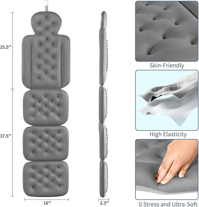 Bath Cushion, Full Body Bathtub Pillow with 160 Suction Cups, Bath Mat for Head and Neck Support, with Laundry Bag (Dark Gray, 60" x 16")