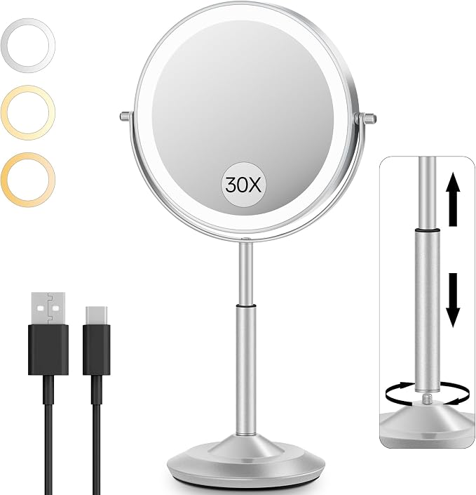 VFD 8'' 30X/1X Magnifying Makeup Mirror with Lights Height Adjustable | Lighted Vanity Mirror with 3 Color Adjustable Brightness, 3000mAh Rechargeable Double Sided Switch for Desk Women Gift
