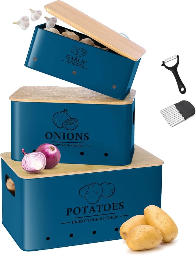 Kitchen Vegetable Storage Set of 3, Metal Onion Garlic Potato Storage Set, Kitchen Canisters Vegetable Keeper Containers with Aerating Holes and Bamboo Lid,Dark Blue