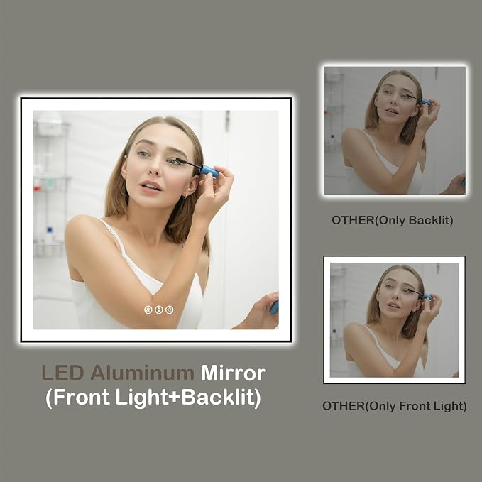 36x36 Inch LED Bathroom Mirror with Black Frame | Black Metal Frame, Front and Backlit, 3 Colors, Dimmable, Memory, Anti Fog, Tempered Glass, Lighted Mirror for Wall