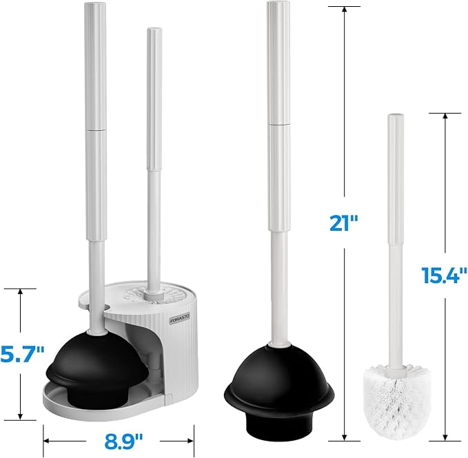 FORASTO 2Pack 2 in 1 Toilet Brush and Plunger Set,Clean Gloves, Extended Handle Plunger，Toilet Bowl Brush Plunger Set,Bathroom Cleaning Tools,Toilet Brush Plunger Combo,Cleaning Brush(Light Grey) | 21", Cleaning Gloves, Heavy Duty Rubber Toilet Bowl Cl...