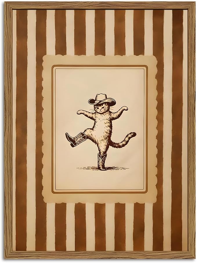 Funny Western Cowboy Cat Wall Art Whimsical Dancing Cat Decor Picture Vintage Southwest Striped Wild West Kitty Animal Canvas Poster Print Painting for Living Room Bedroom 12x16 inch Wood Framed