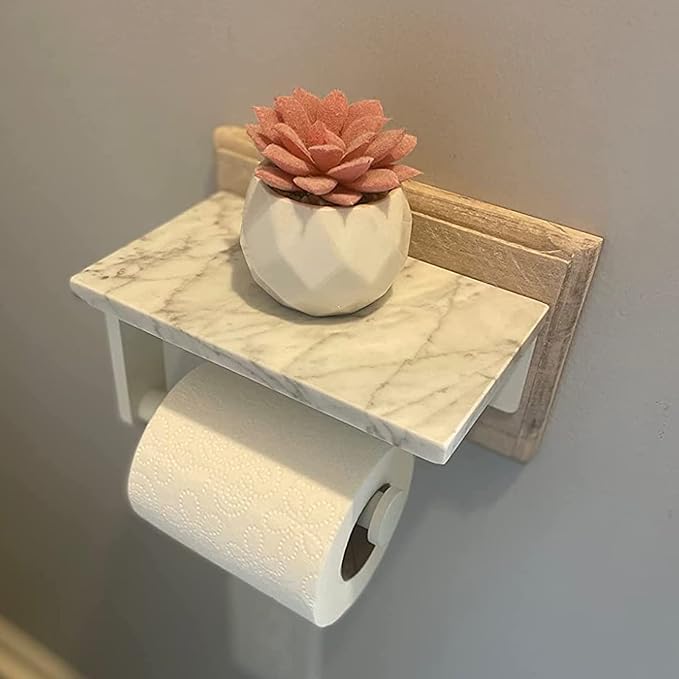 Gypie Toilet Paper Holder with Marble Shelf, Wall Mounted White | Stainless Steel, Tissue Roll Paper Holder Dispenser for Bathroom Washroom