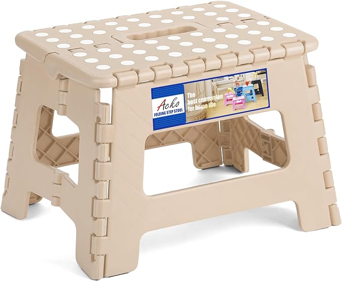ACKO Folding Step Stool 9 Inch, Non-Slip Foldable Stools for Kids, Khaki | Heavy Duty Collapsible Foot Stool, Lightweight, Holds 300lb for Toddler/Adults Kitchen Bathroom Bedroom Outdoor, with Handle