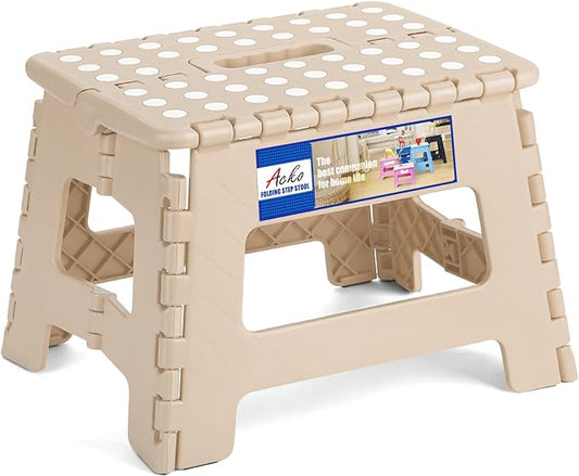 ACKO Folding Step Stool 9 Inch, Non-Slip Foldable Stools for Kids, Khaki | Heavy Duty Collapsible Foot Stool, Lightweight, Holds 300lb for Toddler/Adults Kitchen Bathroom Bedroom Outdoor, with Handle