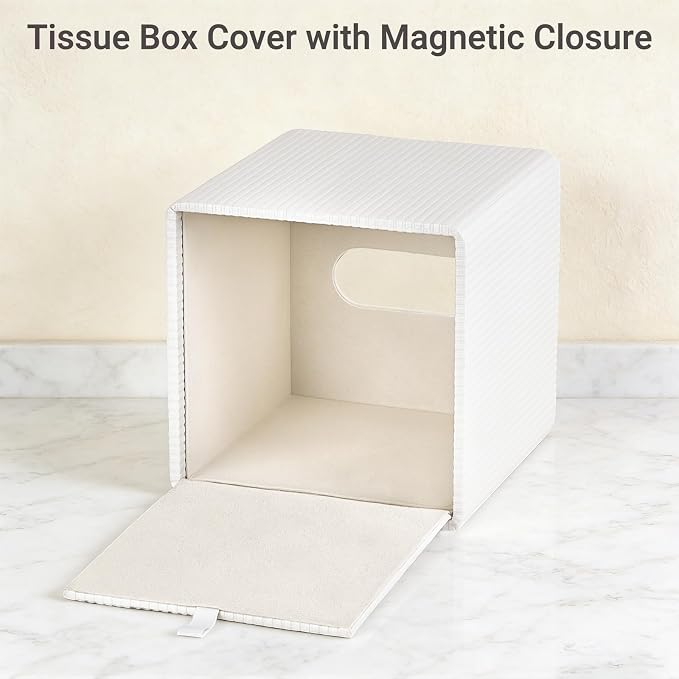 Mkono Tissue Box Cover, PU Leather Square Holder with Bottom, Beige | Decorative Facial Cube Organizer, Vanity Dresser Countertop Tabletop, Bathroom Bedroom Office Nightstand, Home Decor Accent