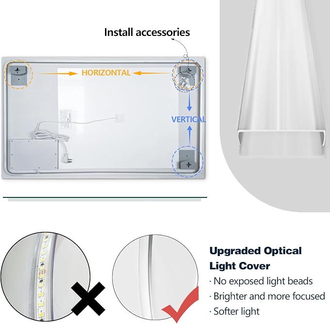 Niccy LED Bathroom Mirror, Backlit Mirror with Lights for Wall Frameless | Anti-Fog, 36"x24", 3 Color Dimmable, Lighted Bathroom Mirror for Wall, Memory Function, CRI>90, HD Glass, Horizontal/Vertical