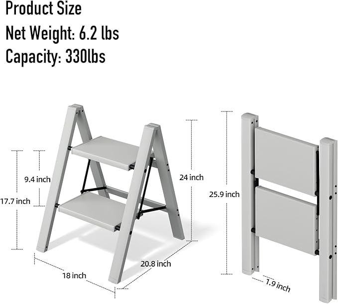 Mayi Plus 2 Step Stool Foldable, Aluminum, Lightweight Step Ladder | Extra-wide anti-slip folding steps with 330 lbs, for home,kitchen,office,outdoor,Grey