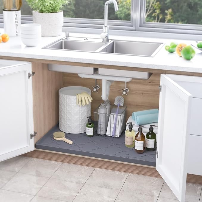 Waterproof Under Sink Mat Silicone 28" x 22" Kitchen Cabinet liner | BPA-Free Silicone Mat with Raised Lip Protects Cabinets from Leaks, Versatile Home Organizer for Bathroom, Pets, Boots, Floor