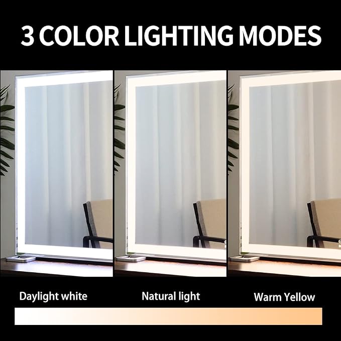 Large Vanity Mirror with Lights L36.2 X H26.8 inch, Lighted Tabletop/Wall Hollywood Makeup Mirror for Dressing Room & Bedroom,3 Color Modes with Dimmer,Silver