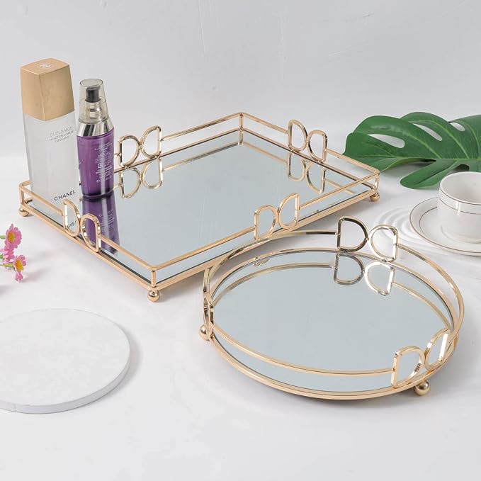 Large Gold Mirrored Tray for Makeup Vanity, 14x10 Entire Length Perfume Organizer for Dresser Top, Elegant Decorative Countertop Storage