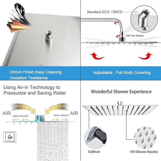 NearMoon Rain Shower Head, High Flow Stainless Steel Square Rainfall Shower, Waterfall Bath Shower Body Covering, Ceiling or Wall Mount (16 Inch, Brushed Nickel)