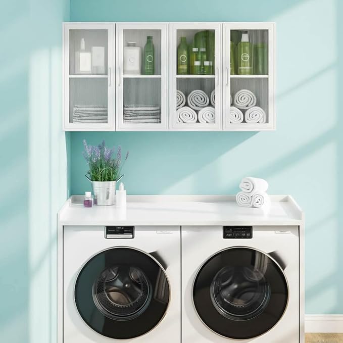 Medicine Wall Cabinet with Acrylic Glass Doors, Kitchen Wall Cabinets with Adjustable Shelf, 24” Laundry Room Wall Mounted Cabinet Set of 2, Bathroom Wall Cabinet with Light(White)