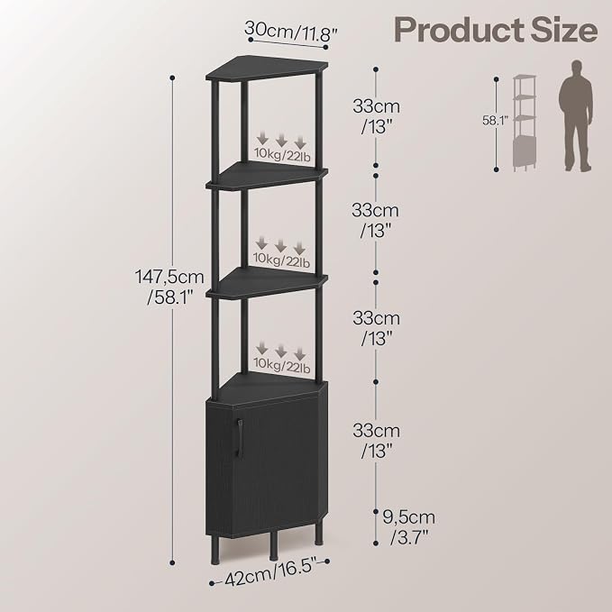 HOOBRO Corner Cabinet with LED Light, Corner Shelf Stand with Storage and Doors, 5-Tier Industrial Corner Bookshelf, 59” Tall Display Rack Shelf, for Living Room, Kitchen, Black BB147DCJ01